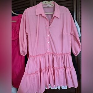 Pink tiered drop waist flaired elbow length sleeve collared button mini dress